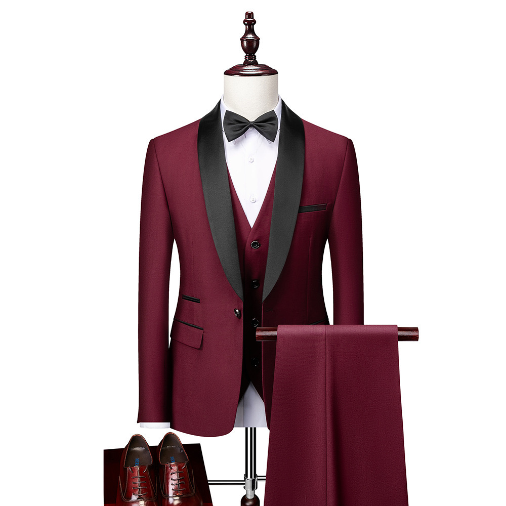 Red whine Men's Three-Piece Slim Fit Wedding Suit