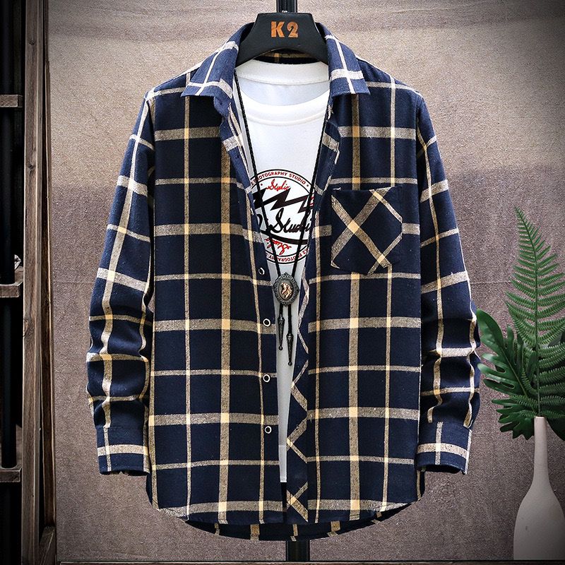 Men’s Slim Fit Casual Long-Sleeve Checked Shirt – All-Season, Stylish Lapel Design