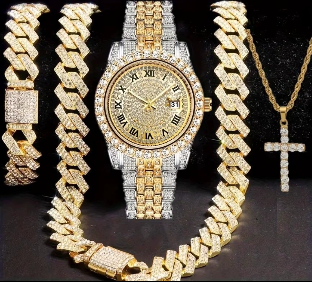  Iced Out Watch Set – Diamond Watch + Chain + Bracelet (3-Piece Bling Set)